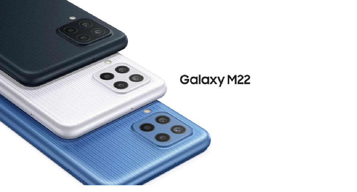 Samsung Galaxy M22 có 3 tùy chọn màu sắc là đen, xanh và trắng